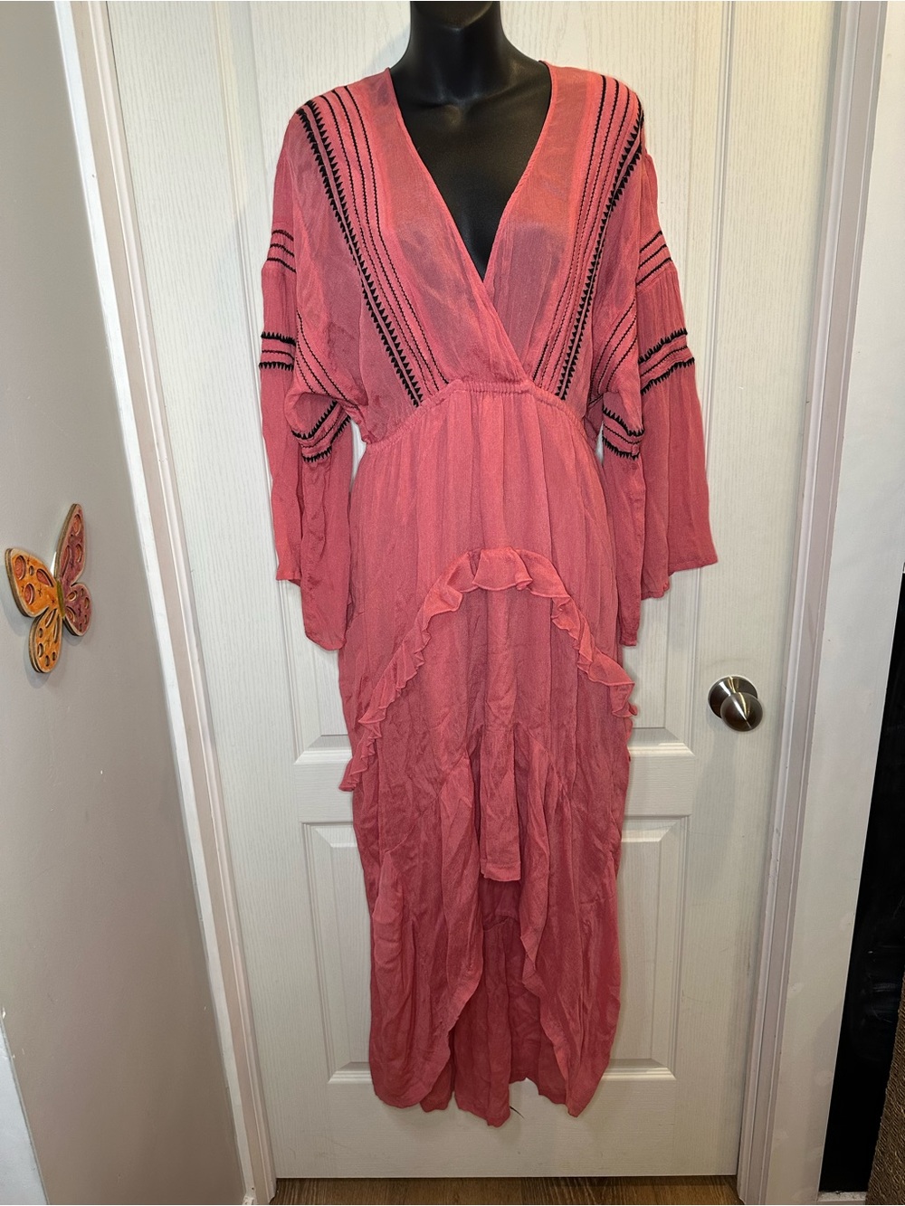 IRO OPSEY Pink Ruffle High-Low Maxi Dress empire waist bell sleeve 36